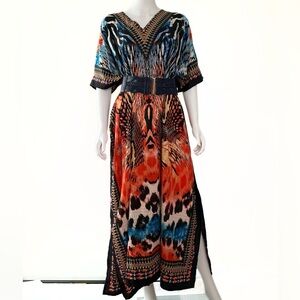 Winlar Bold Fierce Ethnic Print Kaftan Womens OS Muumuu Coverup House Dress
